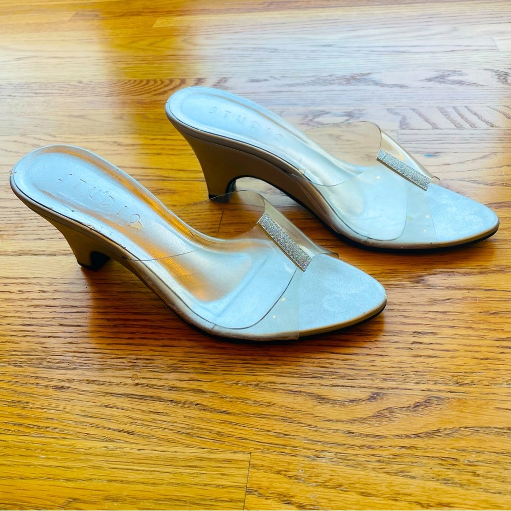Studio sandals/mules, European size 37, silver and clear